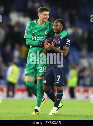 Brighton e Hove, Regno Unito. 15 maggio 2024. Djordje Petrovic del Chelsea e Raheem Sterling del Chelsea festeggiano dopo la partita di Premier League all'AMEX Stadium, Brighton e Hove. Il credito per immagini dovrebbe essere: Paul Terry/Sportimage Credit: Sportimage Ltd/Alamy Live News Foto Stock