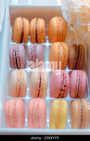 Macaroon fatti in casa di sapori diversi, con uno sfondo bello e colorato, presentazione gourmet. Foto Stock