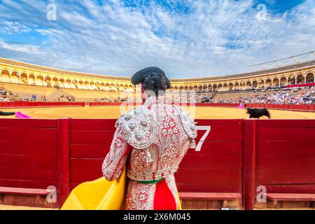 Un assistente osserva l'inizio di una corrida da a bordo campo a Real Maestranza, Siviglia. Foto Stock