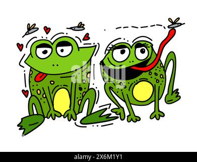 frog carino animaletto seduto. Due rane con zanzare. disegno a mano. Non ai, illustrazione vettoriale Illustrazione Vettoriale
