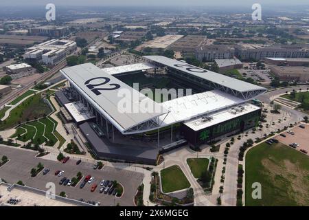 Vista aerea generale dello stadio Q2, mercoledì 8 maggio 2024, ad Austin, TEXT. Foto Stock