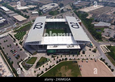 Vista aerea generale dello stadio Q2, mercoledì 8 maggio 2024, ad Austin, TEXT. Foto Stock