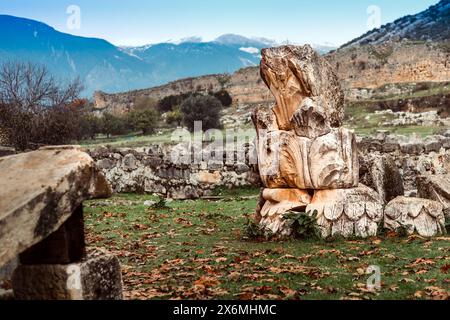 Antica pietra scolpita in un campo erboso Foto Stock