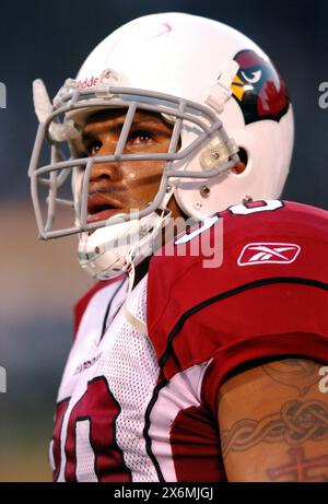 Il fullback degli Arizona Cardinals Obafemi Ayanbadejo durante la vittoria del 17-16 sugli Oakland Raiders al McAfee Coliseum di Oakland, California, venerdì 26 agosto 2005. Foto Stock