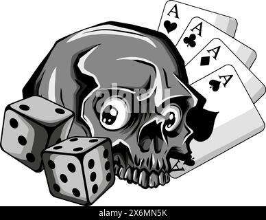 Carte da poker monocromatiche con disegno vettoriale cranio e dadi Illustrazione Vettoriale