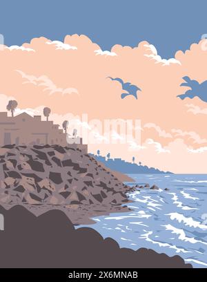 WPA poster art of surf Beach a Buccaneer Beach nel Buccaneer Beach Park, nella parte meridionale di Oceanside, California, Stati Uniti d'America Illustrazione Vettoriale