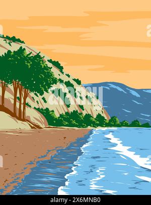 WPA poster art of surf Beach a Bolinas Beach nella contea di Marin, California, Stati Uniti d'America, realizzato in Works project Administration. Illustrazione Vettoriale