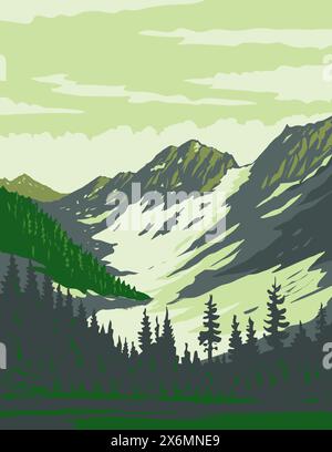 Poster art WPA del North Cascades National Park con Magic Mountain e Pelton Peak nel nord dello stato di Washington USA realizzato in Works project Administrati Illustrazione Vettoriale