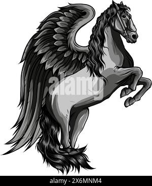 illustrazione vettoriale pegasus monocromatica - disegno bianco e nero con vista laterale a cavallo Illustrazione Vettoriale