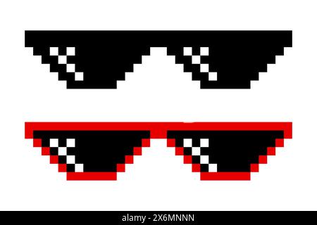 Set di occhiali da sole pixelati. Occhiali Pixel Boss, stile 8 bit. Modello di design per occhiali da sole meme Game a 8 bit, isolato Illustrazione Vettoriale