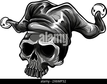 Cranio in cappello di jester. Illustrazione vettoriale monocromatica Illustrazione Vettoriale