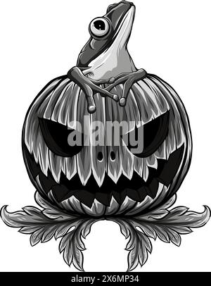 Illustrazione vettoriale della zucca di Halloween monocromatica con la rana seduta Illustrazione Vettoriale