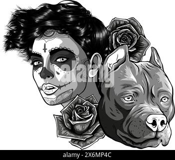 Faccia monocromatica Pitbull Dog con testa donna e fiore di rosa Illustrazione Vettoriale