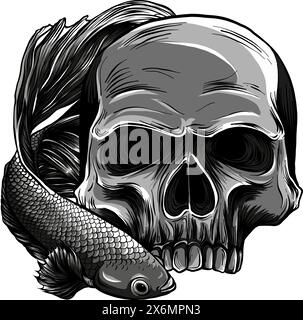 betta pesce intorno al cranio umano. illustrazione vettoriale su sfondo bianco Illustrazione Vettoriale