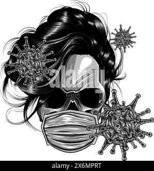 Virus monocromatico aoround cranio faccia in maschera medica. Illustrazione vettoriale su sfondo bianco. Illustrazione Vettoriale