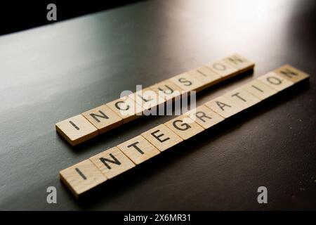 Blocchi in legno che descrivono l'inclusione e l'integrazione su una superficie scura Foto Stock