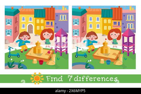 Trova 7 differenze. Gioco per bambini. Simpatici bambini nel personaggio Cartoon del parco giochi. Illustrazione vettoriale. Illustrazione Vettoriale