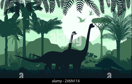Sagome di dinosauri preistorici nella foresta tropicale. Scena vettoriale con personaggi Dino brachiosaurus che camminano tra la lussureggiante vegetazione del Giurassico con pterosauri che volano in cielo contro il sole nascente Illustrazione Vettoriale