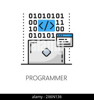 Posto vacante per programmatori, lavoro per specialisti IT, icona a colori del profilo della carriera nello sviluppo Web. Processo di programmazione dell'interfaccia di rete, carriera di sviluppo di siti Web pittogramma vettoriale a linea sottile con codice binario Illustrazione Vettoriale