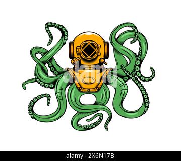 Polpo con tentacoli e casco subacqueo in disegno per tatuaggi o mascotte, emblema vettoriale. Animale subacqueo, polpo verde con casco aqualung per badge del club subacqueo o stampa astratta della t-shirt Illustrazione Vettoriale