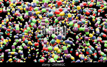 Molte compresse o pillole di colore diverso cadono dall'alto - illustrazione 3D. Foto Stock