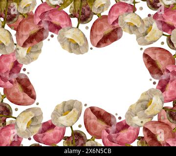 Cornice decorativa floreale di delicate peonie rosa e crema, modello per biglietti d'auguri e inviti, arte digitale disegnata a mano in stile acquerello Foto Stock