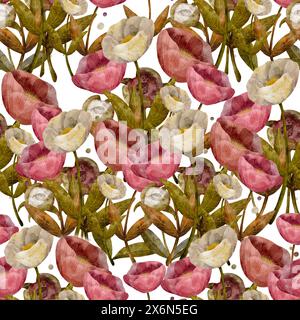 Delicate peonie decorative di colore rosa e crema con fogliame verde, arte digitale disegnata a mano in stile acquerello, motivo senza cuciture su sfondo bianco per la stampa su tessuto e carta Foto Stock