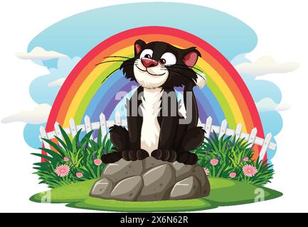 Una puzzola di cartoni animati seduta su rocce sotto un arcobaleno. Illustrazione Vettoriale