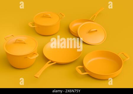 Set di pentole volanti, padella e pentole placcate su sfondo monocromatico Foto Stock