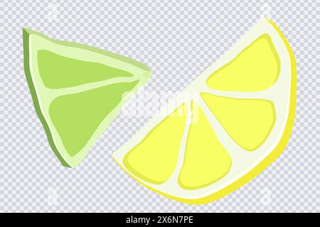 Lime e frutta fresca e succosa al limone in stile cartoni animati. Set di delizioso lime, limone tagliato a pezzi isolato su trasparente. Frutta biologica per limonata j Illustrazione Vettoriale