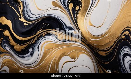 Parete di fondo astratta in marmo oro e nero, disegno in oro liquido Foto Stock