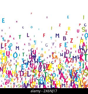 Lettere di lingua inglese cadenti. Coloratissimi caratteri volanti infantili in alfabeto latino. Concetto di studio delle lingue straniere. Banner di ritorno a scuola su sfondo bianco. Illustrazione Vettoriale