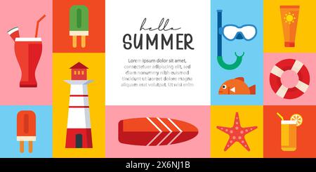 Design di banner e poster per l'estate. Estate con elementi di sfondo oggetti. Illustrazione Vettoriale