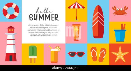 Design di banner e poster per l'estate. Estate con elementi di sfondo oggetti. Illustrazione Vettoriale