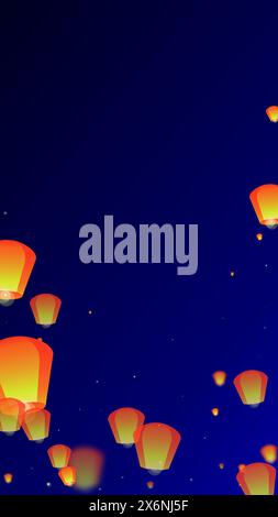 Chiang mai celebrazione di Loy Krathong. Vacanze in Thailandia con lanterne di carta che volano nel cielo notturno. La tradizione culturale di Chiang mai. Illustrazione vettoriale su sfondo blu scuro. Illustrazione Vettoriale