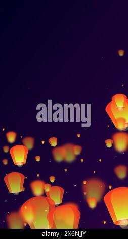Lanterne che fluttuano nel cielo notturno. Vacanze in Thailandia con lanterne di carta che volano nel cielo notturno. Celebrazioni per il festival delle lanterne. Illustrazione vettoriale su sfondo sfumato viola. Illustrazione Vettoriale
