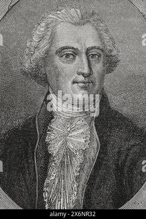 Antoine-Francois Bertrand de Molleville (1744-1818). Politico francese, fedele realista. Maître des requêtes (Maestro delle richieste) nel 1774. Ministro della Marina e delle colonie (1790-1792). Prima e dopo il 10 agosto 1792 cercò di organizzare una fuga per il re Luigi XVI, ma fu finalmente costretto a fuggire in Inghilterra. Verticale. Disegno di Liénard. Incisione di Pannemaker. "Storia della Rivoluzione francese". Volume i, 1876. Foto Stock