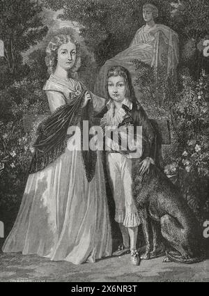 Ritratto di due dei figli di Luigi XVI di Francia (1754-1793) e Maria Antonietta (1755-1793): Maria Teresa (1778-1851), chiamata Madame Royale, e Luigi Carlo (1785-1795), noto come Luigi XVII. Disegno di Hippolyte de la Charlerie. Incisione di Pannemaker. "Storia della Rivoluzione francese". Volume i, 1876. Foto Stock