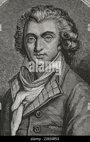 Fabre d'Eglantine (Philippe-Francois-Nazaire Fabre) (1750-1794). Attore, drammaturgo, poeta e politico francese. È stato presidente del Club des Cordeliers (Cordeliers Club) e vice della Convenzione Nazionale. Prese parte alla creazione del calendario rivoluzionario francese. Fu ghigliottinato il 5 aprile 1794. Verticale. Incisione. "Storia della Rivoluzione francese". Volume i, 1876. Foto Stock