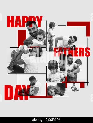 Collage con padre e figlio in momenti giocosi e amorevoli, incorniciato da audaci testi rossi e linee geometriche. Progettazione concettuale creativa. Felice Foto Stock