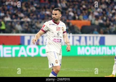 San Pietroburgo, Russia. 15 maggio 2024. Milan Gajic (4) del CSKA visto in azione durante la Coppa di Russia 2023/2024 partita di calcio tra Zenit San Pietroburgo e CSKA Mosca alla Gazprom Arena. Punteggio finale; Zenit 0:0 CSKA (5:4, calci di rigore), Zenit ha raggiunto la superfinale della Coppa di calcio russa. Credito: SOPA Images Limited/Alamy Live News Foto Stock