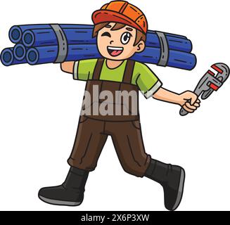Idraulico per costruzioni con un raccordo per cartoni animati tubolare Illustrazione Vettoriale