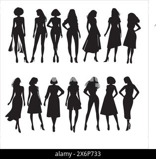 Diverse illustrazioni di silhouette delle donne: Espressioni artistiche in vari personaggi, pose ed emozioni per progetti creativi Illustrazione Vettoriale