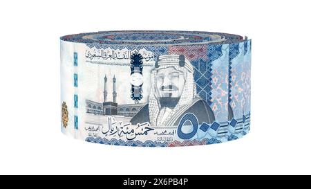 Arabia Saudita 500 banconote Riyals. Pila di banconote riyal saudite di 500 SR. Rendering 3D Foto Stock