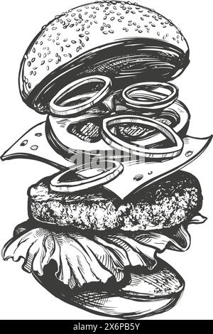 big burger, hamburger disegno a mano vettore illustrazione schizzo stile retrò. Illustrazione Vettoriale