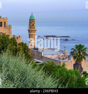 Vista all'alba della moschea al-Bahr (il mare) e del Mar Mediterraneo, nella città vecchia di Jaffa, ora parte di Tel-Aviv-Yafo, Israele Foto Stock