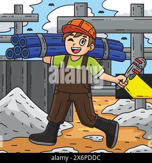 Idraulico Construction con un cartone animato tubolare colorato Illustrazione Vettoriale