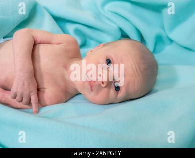 Neonato disteso su morbida coperta in acqua nella stanza dell'ospedale, giorno Foto Stock