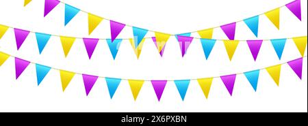 Bandiere di bunting, bandiere per feste di carnevale, pennant festivi appesi su una corda. Illustrazione Vettoriale