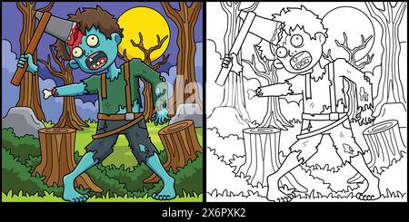 Zombie con ascia nella sua illustrazione da colorare per la testa Illustrazione Vettoriale